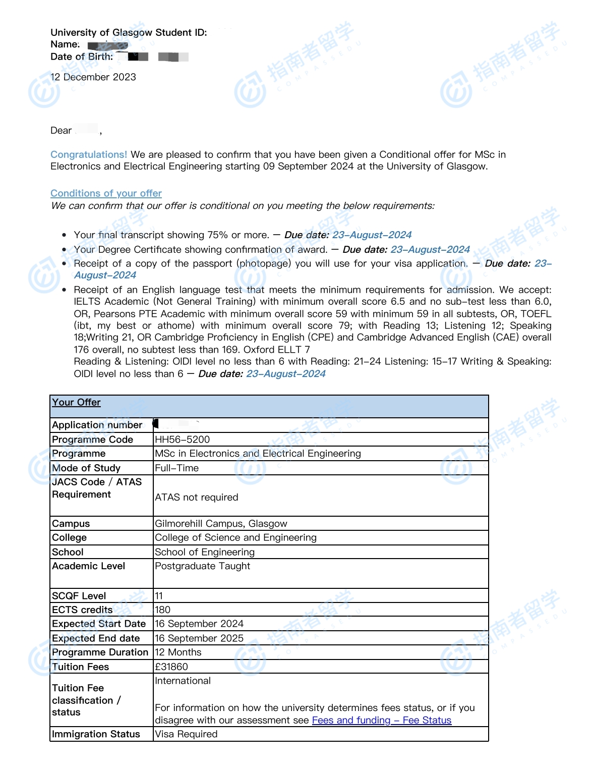 格拉斯哥大学电子与电气工程理学硕士研究生offer一枚