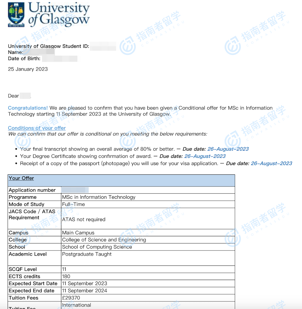 格拉斯哥大学信息技术理学硕士研究生offer一枚