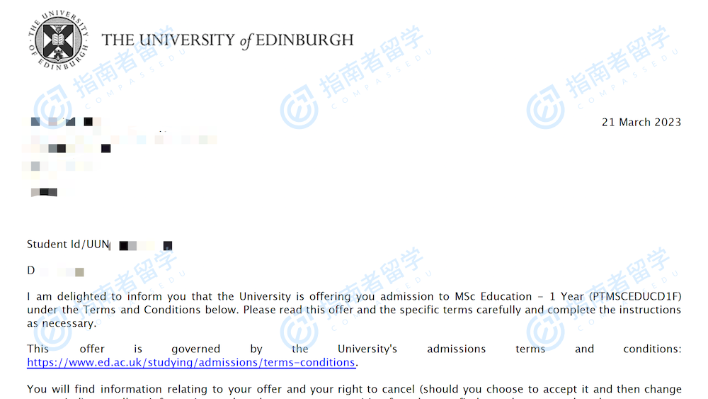 爱丁堡大学教育学理学硕士研究生offer一枚