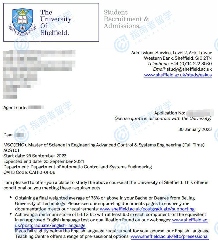 谢菲尔德大学高级控制与系统工程（工程）理学硕士研究生offer一枚