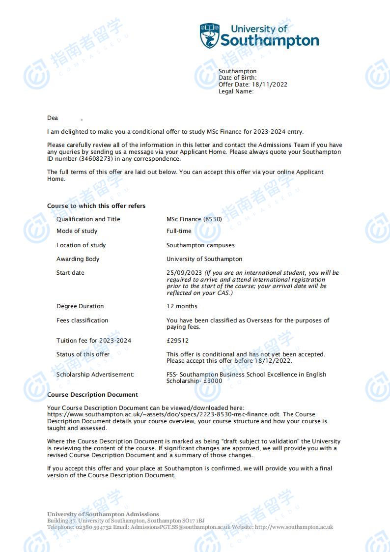 南安普顿大学金融学理学硕士研究生offer一枚