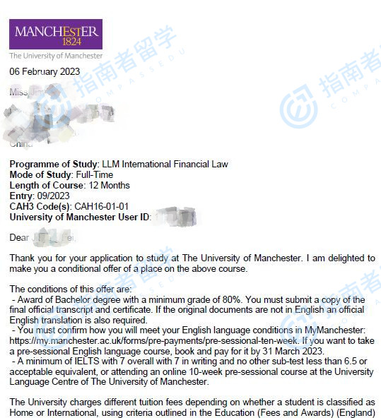 曼彻斯特大学国际金融法学硕士研究生offer一枚