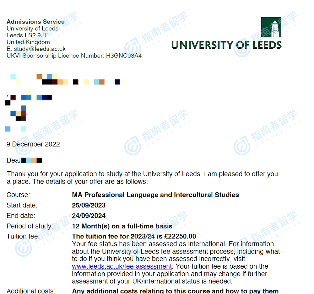 利兹大学专业语言与跨文化研究文学硕士研究生offer一枚