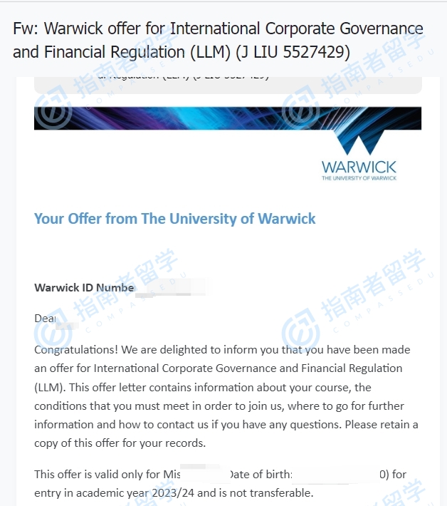 华威大学国际公司治理与金融监管法学硕士研究生offer一枚