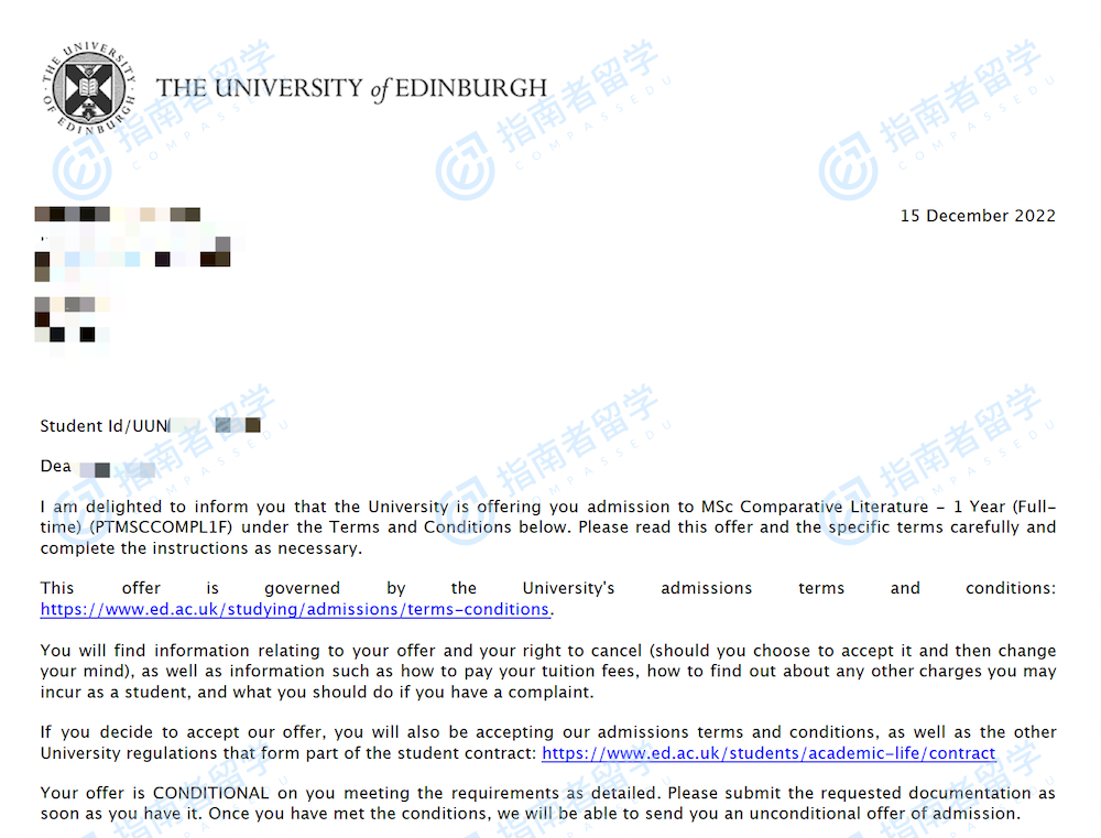 爱丁堡大学比较文学理学硕士研究生offer一枚