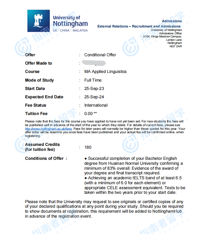 诺丁汉大学应用语言学文学硕士研究生offer一枚
