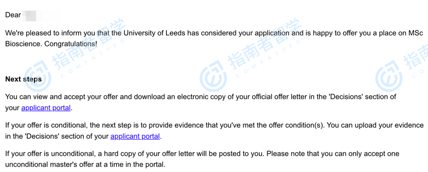 利兹大学生物科学理学硕士研究生offer一枚