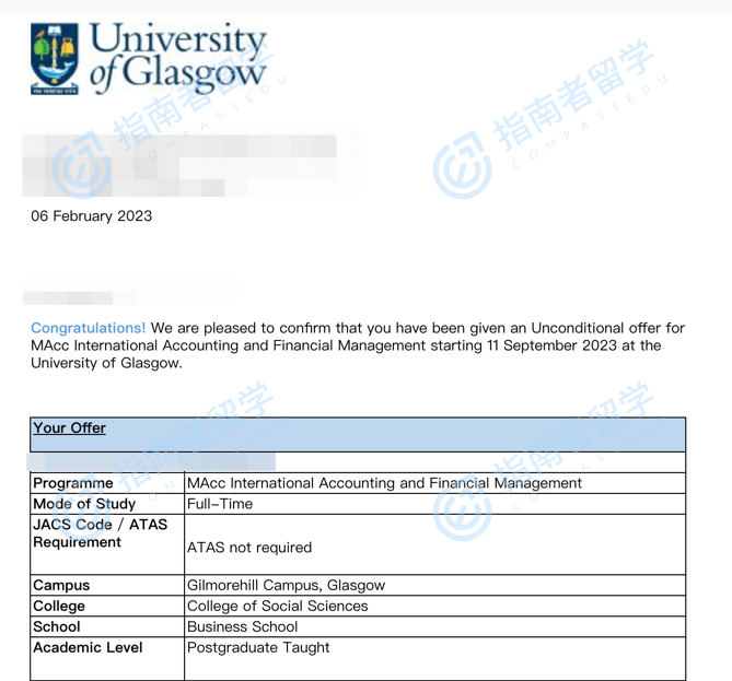 格拉斯哥大学国际会计与财务管理会计学硕士研究生offer一枚