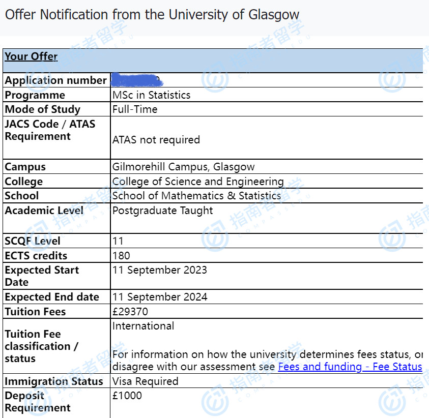 格拉斯哥大学统计学理学硕士研究生offer一枚