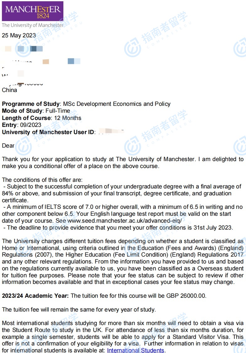 曼彻斯特大学发展经济与政策理学硕士研究生offer一枚