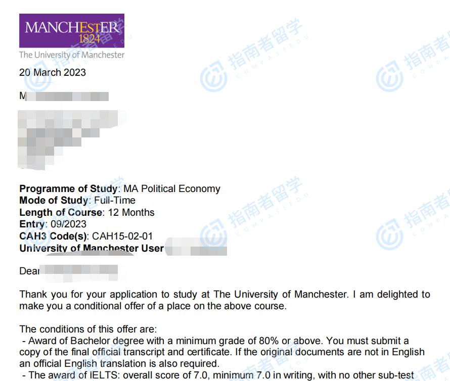 曼彻斯特大学政治经济学文学硕士（标准）研究生offer一枚