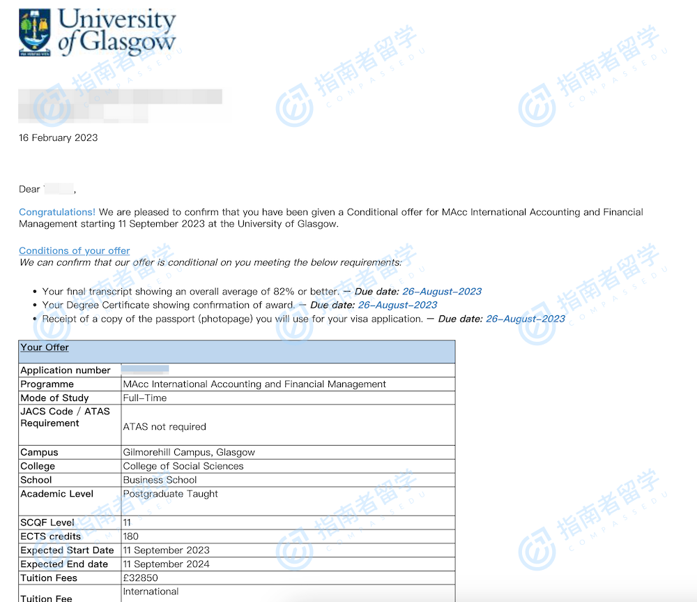 格拉斯哥大学国际会计与财务管理会计学硕士研究生offer一枚