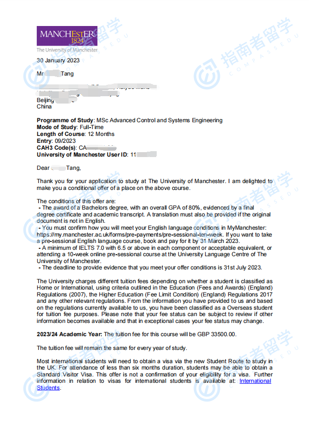 曼彻斯特大学高级控制与系统工程理学硕士研究生offer一枚