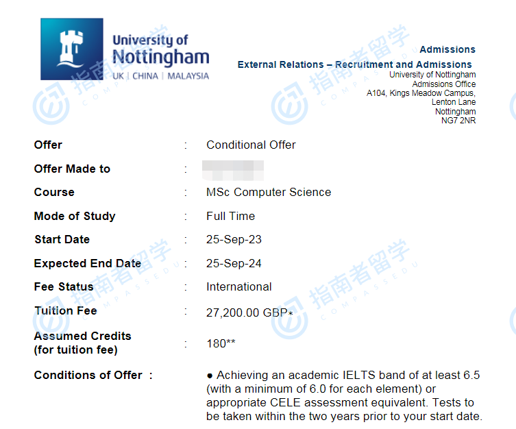 诺丁汉大学计算机科学/计算机科学（人工智能）理学硕士研究生offer一枚