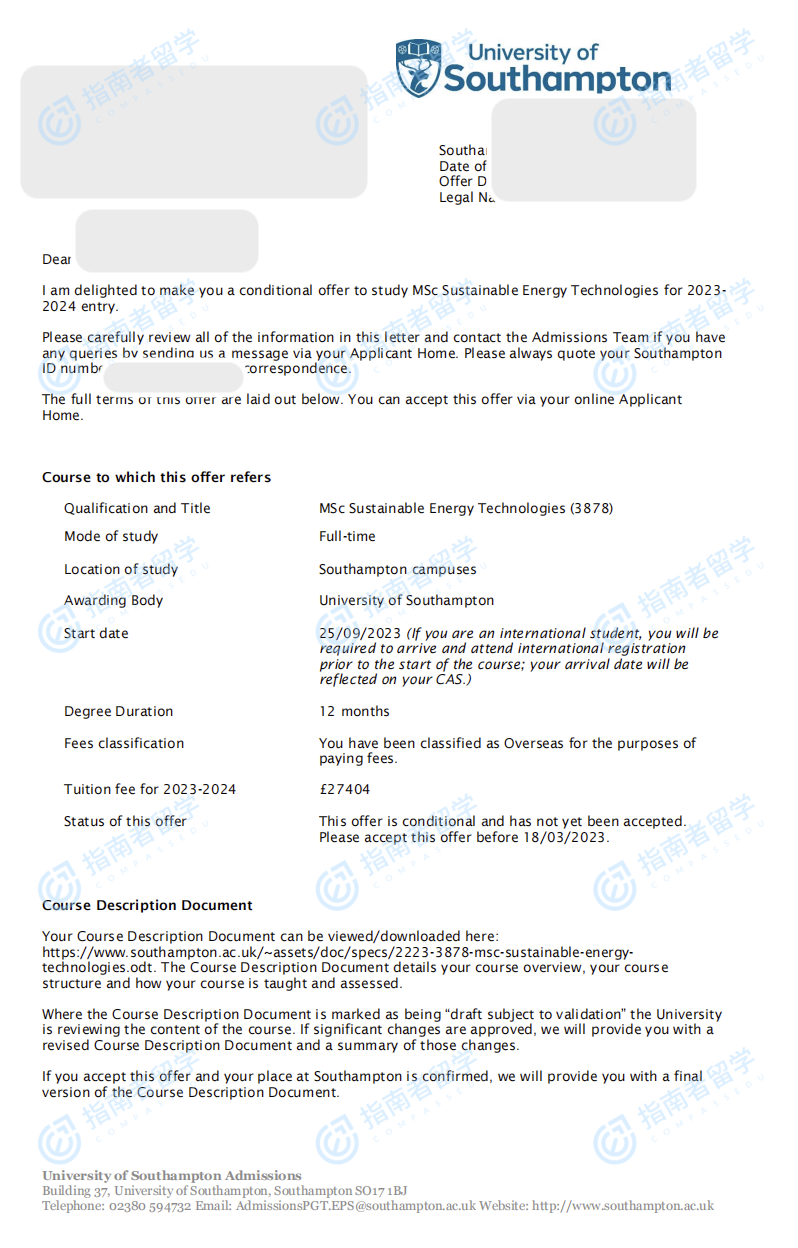 南安普顿大学可持续能源科技理学硕士研究生offer一枚