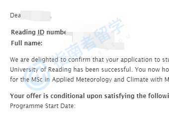 雷丁大学应用气象学与气候管理理学硕士研究生offer一枚