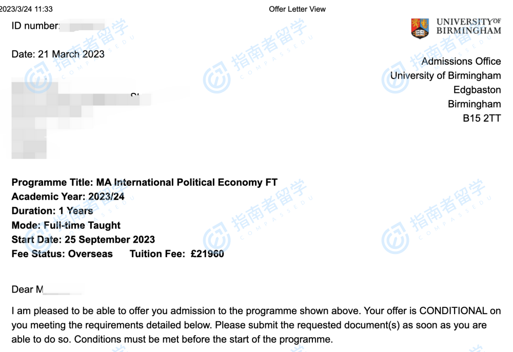 伯明翰大学国际政治经济学文学硕士研究生offer一枚