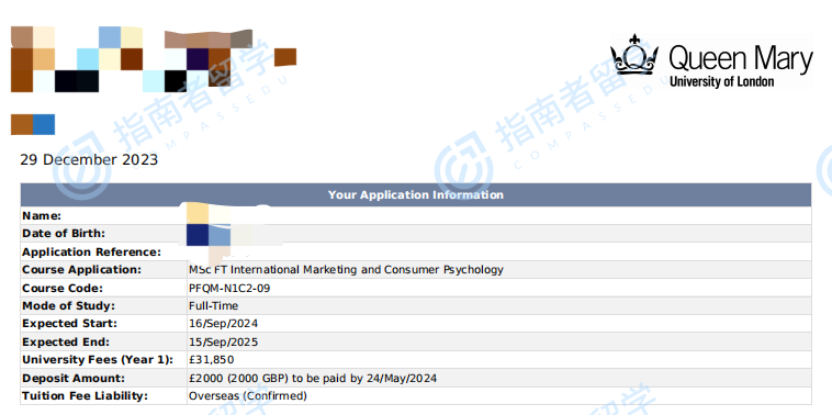 伦敦大学玛丽皇后学院国际市场营销与消费者心理学理学硕士研究生offer一枚