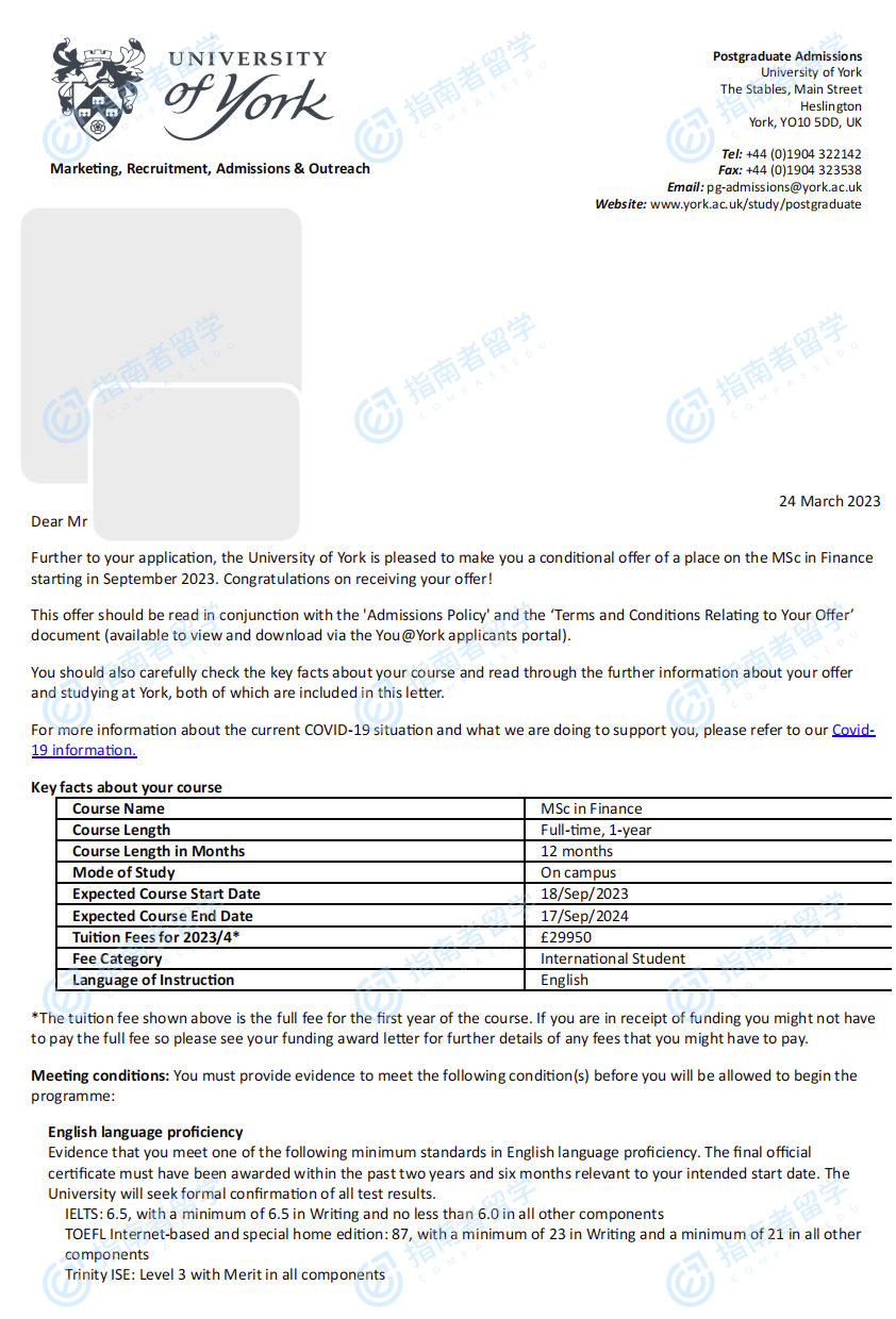 约克大学（英国）金融学理学硕士研究生offer一枚