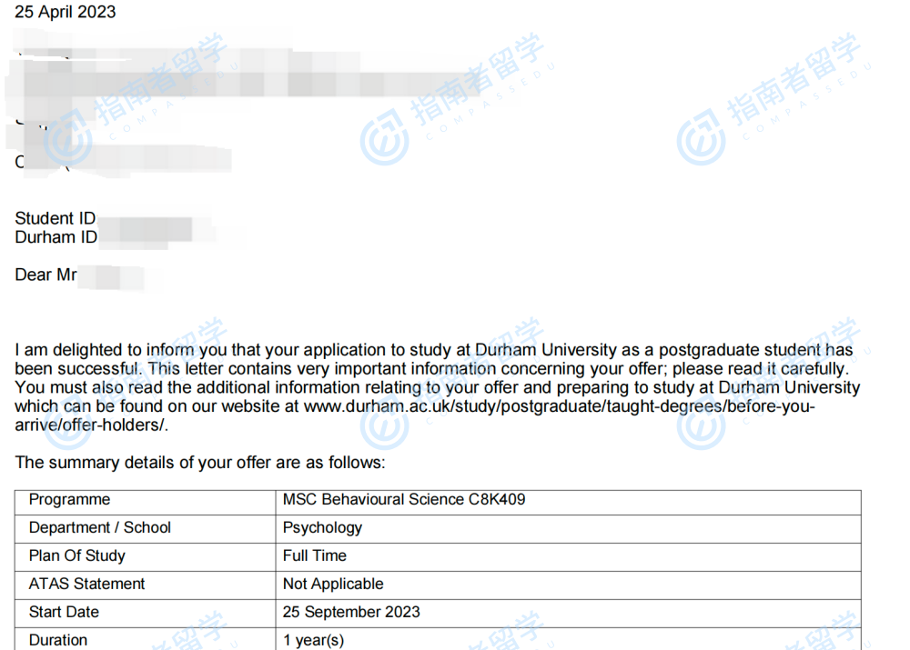 杜伦大学行为科学理学硕士研究生offer一枚