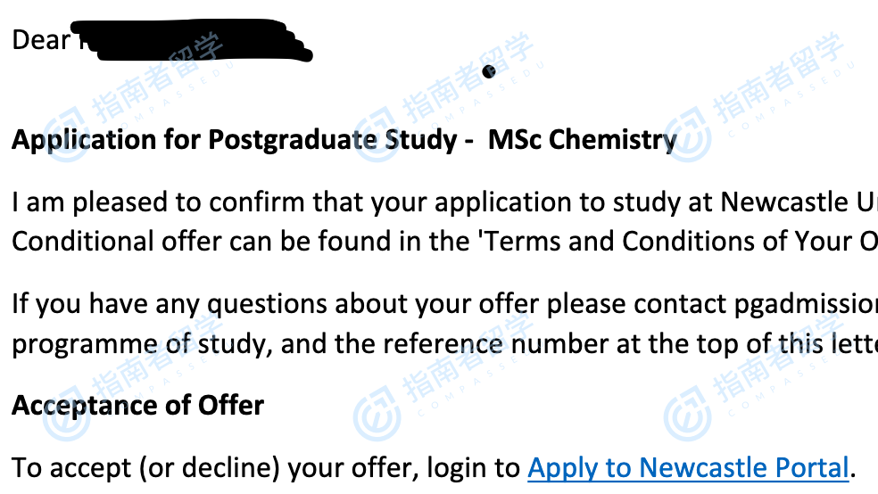 纽卡斯尔大学（英国）化学理学硕士研究生offer一枚