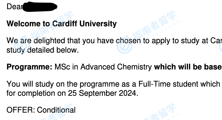 卡迪夫大学高级化学理学硕士研究生offer一枚