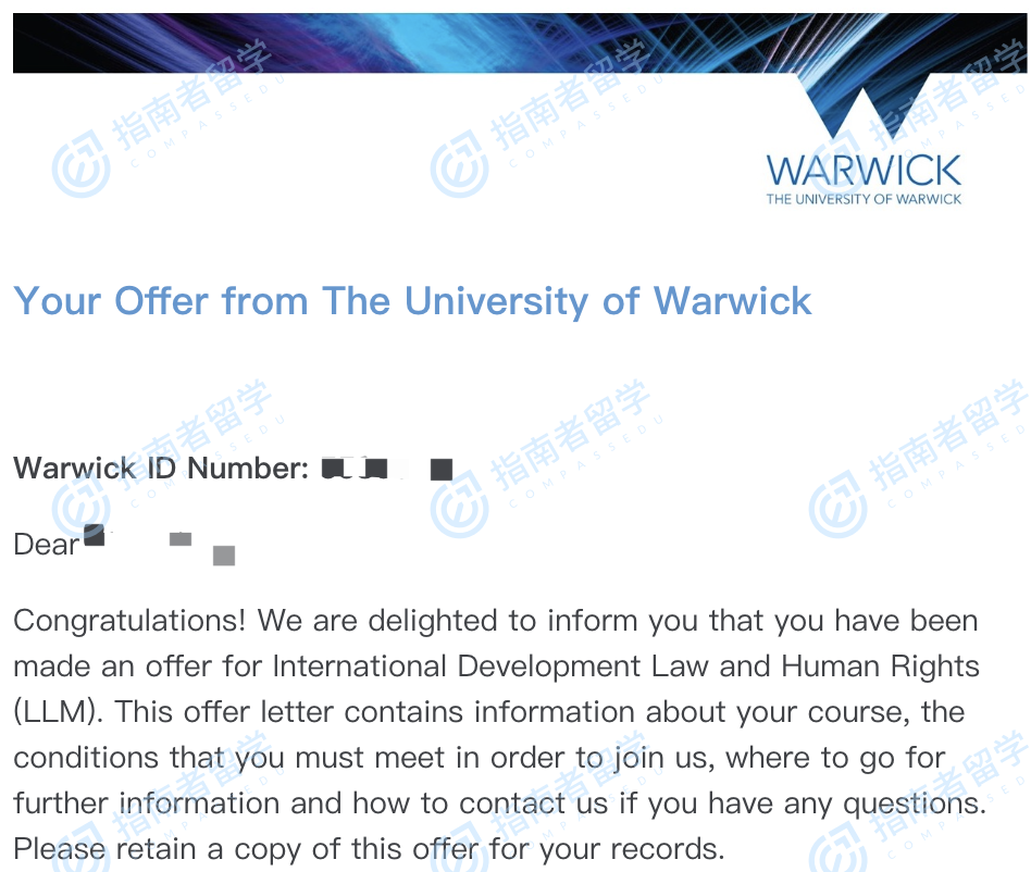 华威大学国际发展法与人权法学硕士研究生offer一枚