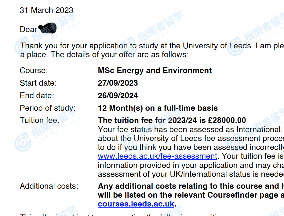 利兹大学能源与环境理学硕士研究生offer一枚