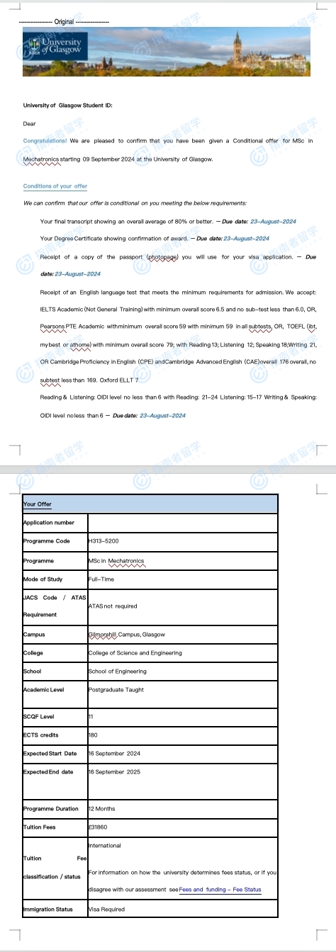 格拉斯哥大学机械电子学理学硕士研究生offer一枚