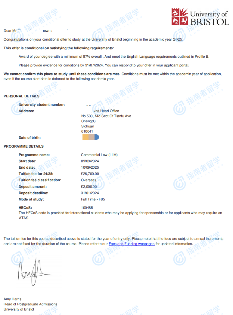 布里斯托大学商法法学硕士研究生offer一枚