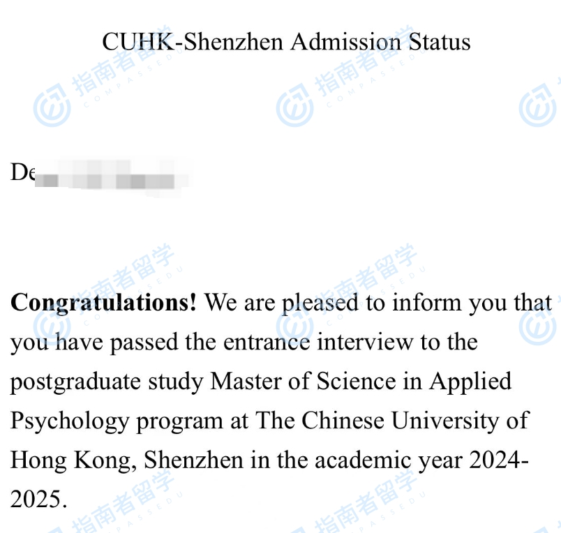 香港中文大学应用心理学理学硕士（CUHK-Shenzhen）研究生offer一枚