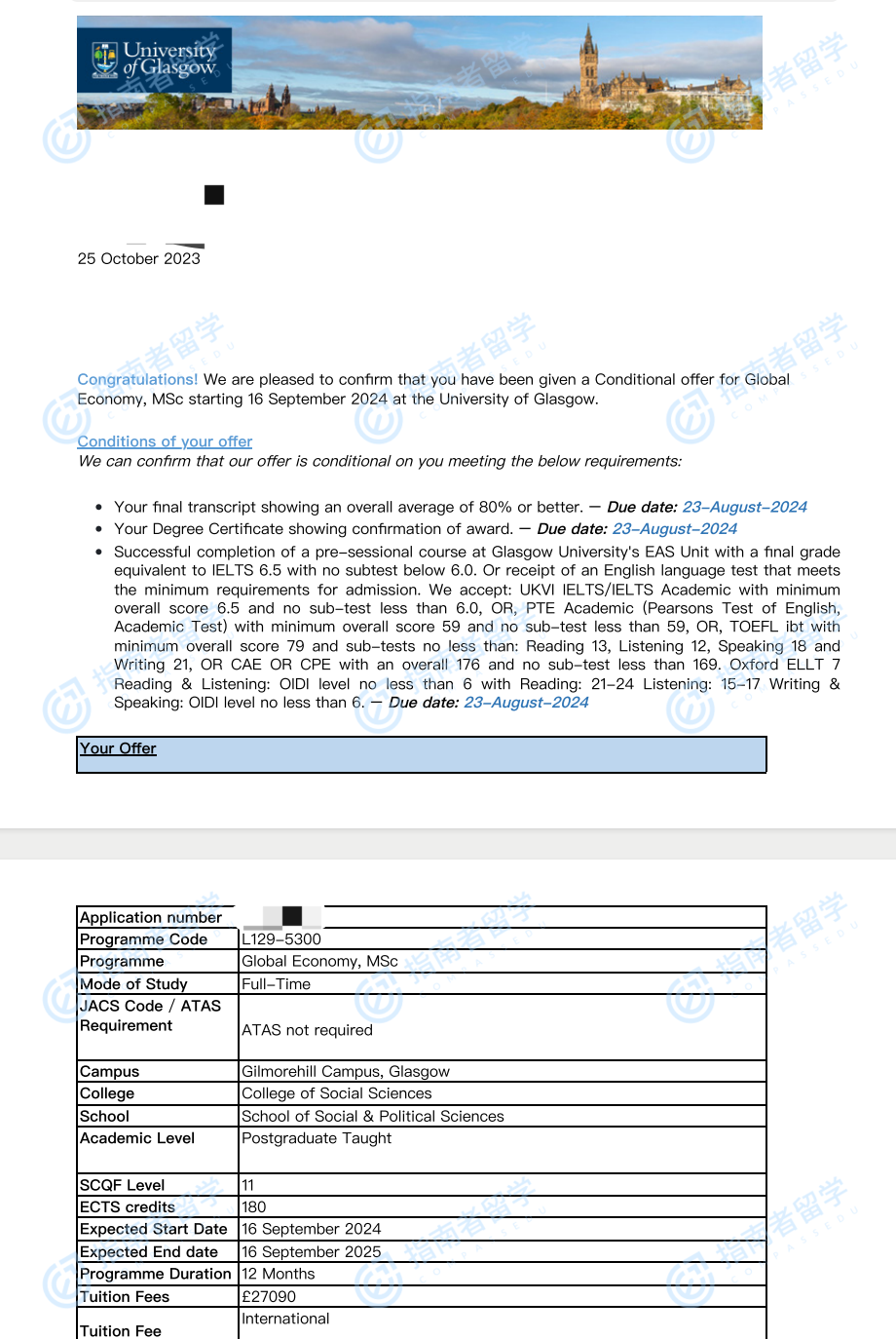 格拉斯哥大学全球经济理学硕士研究生offer一枚