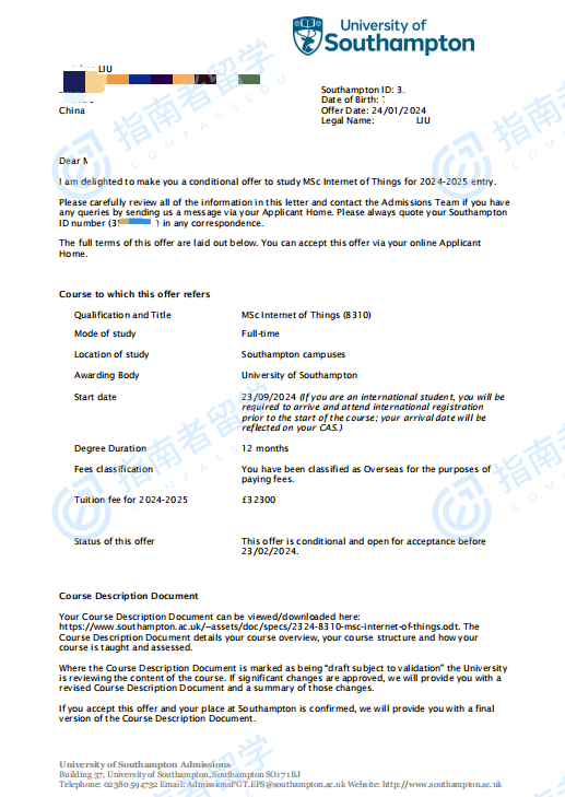 南安普顿大学物联网理学硕士研究生offer一枚