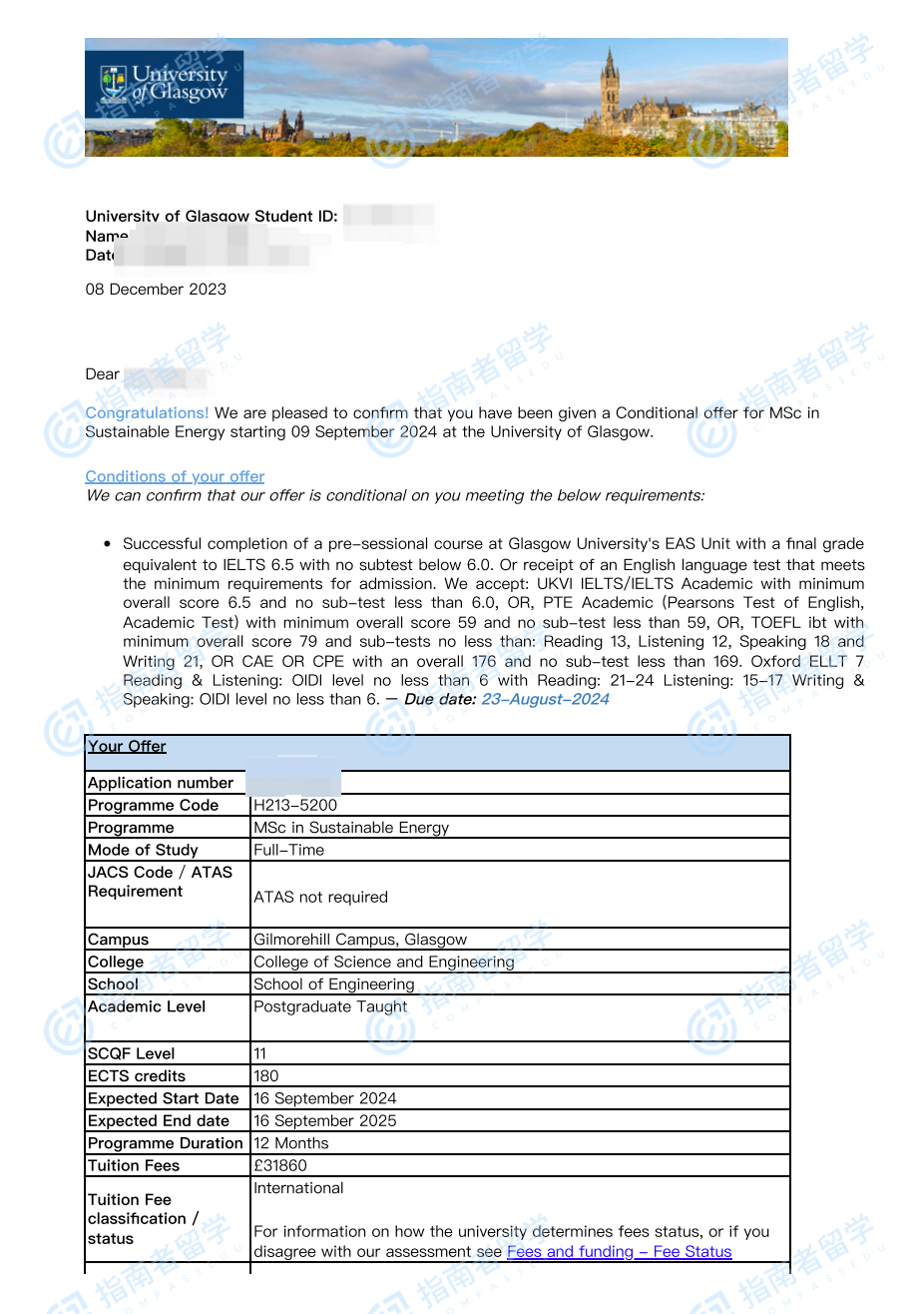 格拉斯哥大学可持续能源理学硕士研究生offer一枚