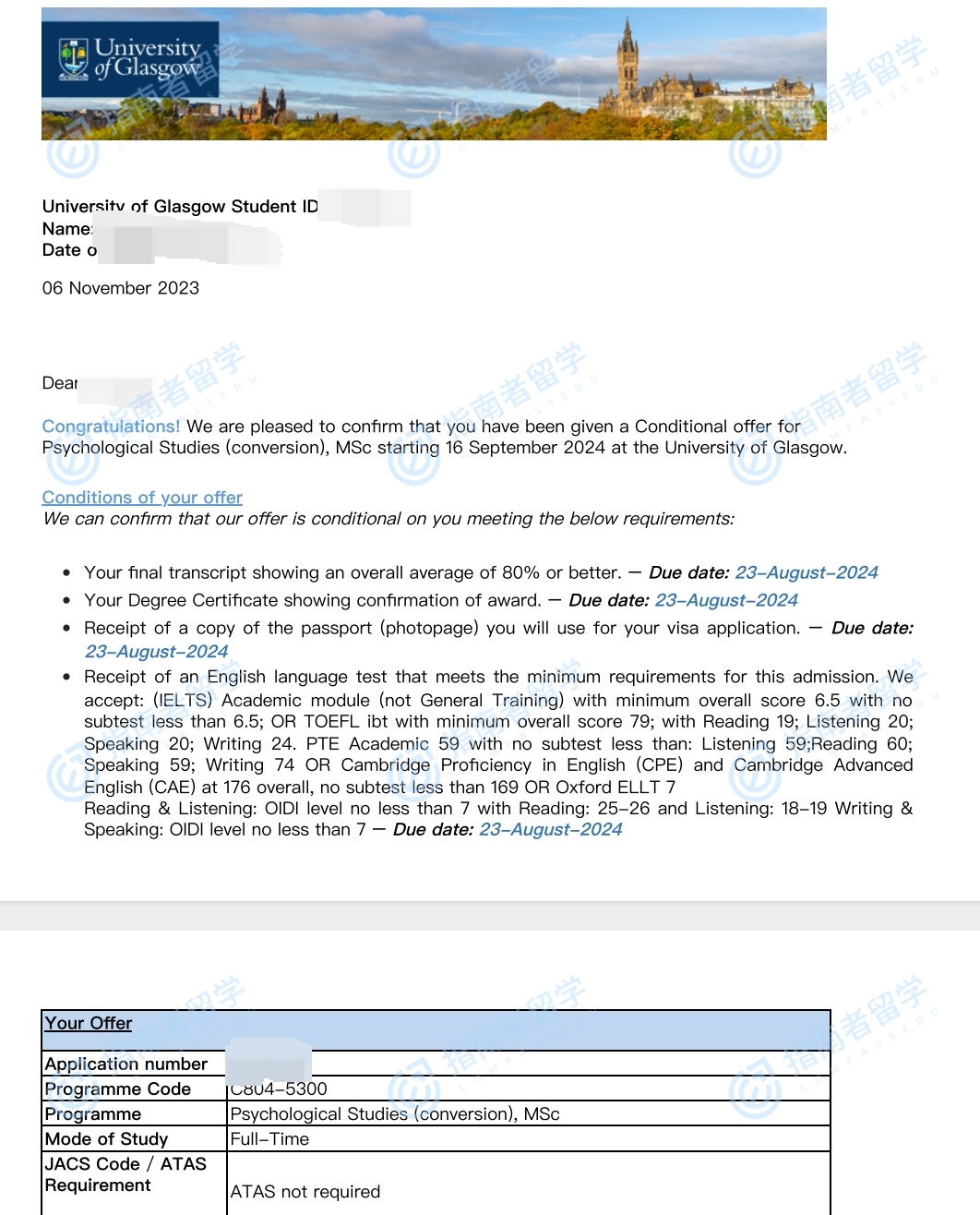 格拉斯哥大学心理学研究理学硕士（可跨申）研究生offer一枚