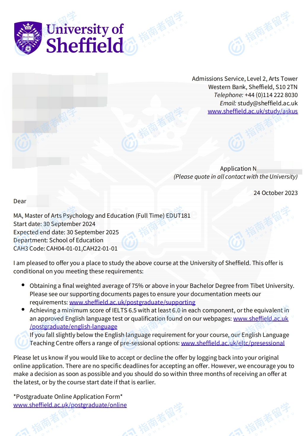 谢菲尔德大学心理学与教育文学硕士研究生offer一枚