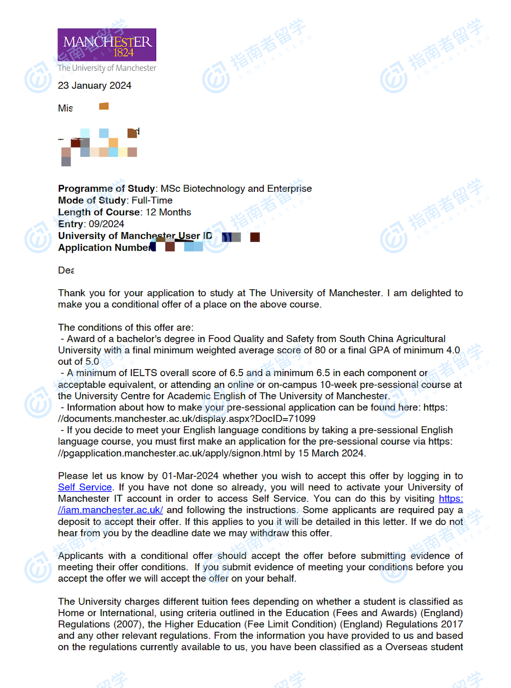 曼彻斯特大学生物技术与企业理学硕士研究生offer一枚