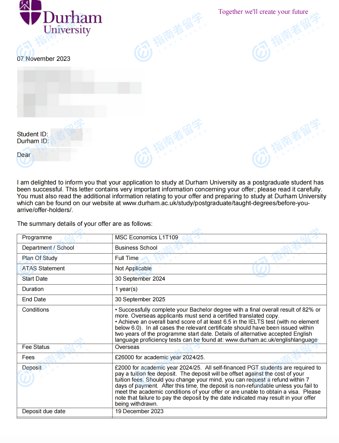 杜伦大学经济学理学硕士研究生offer一枚