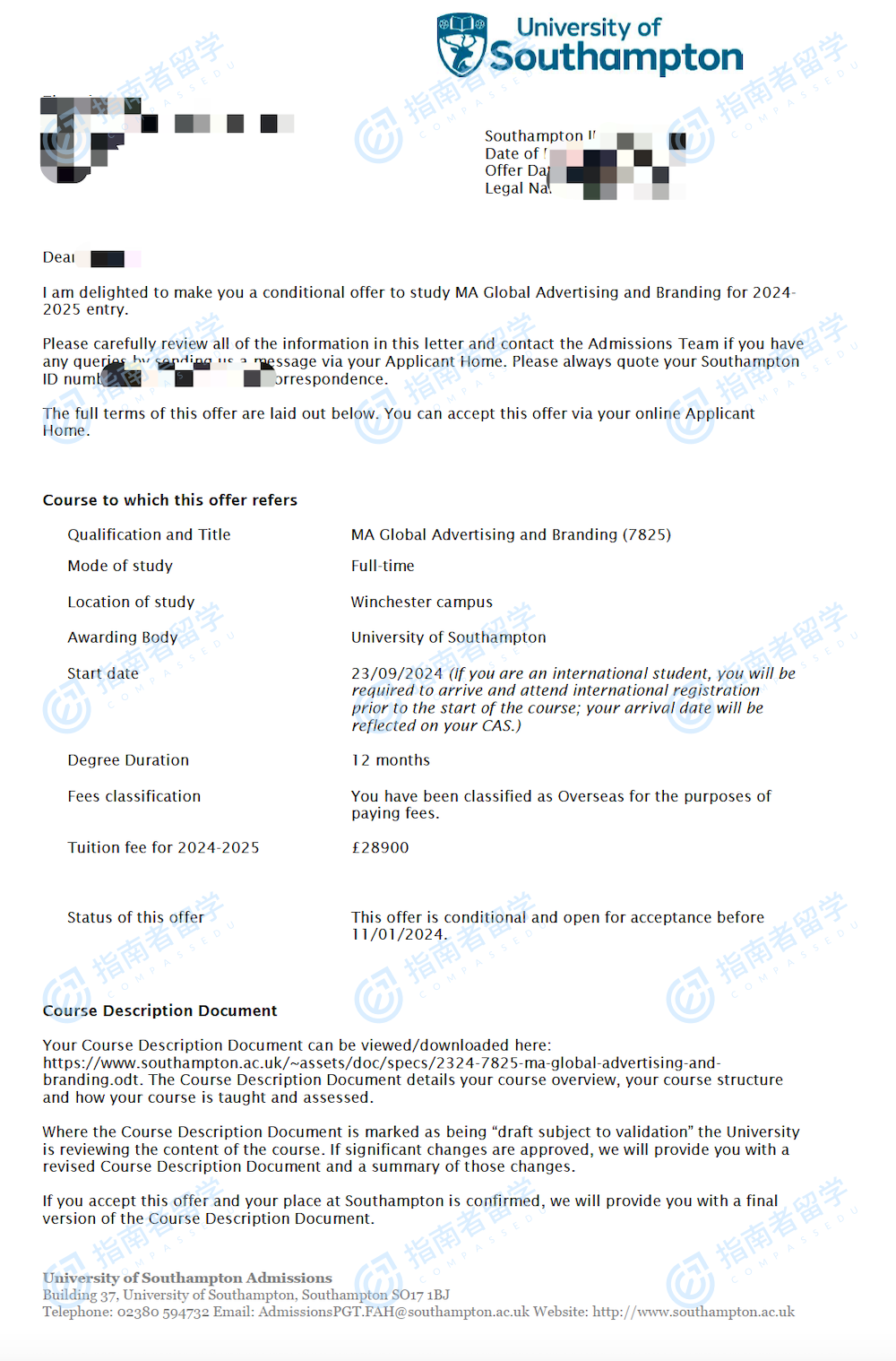 南安普顿大学全球广告学与品牌文学硕士研究生offer一枚