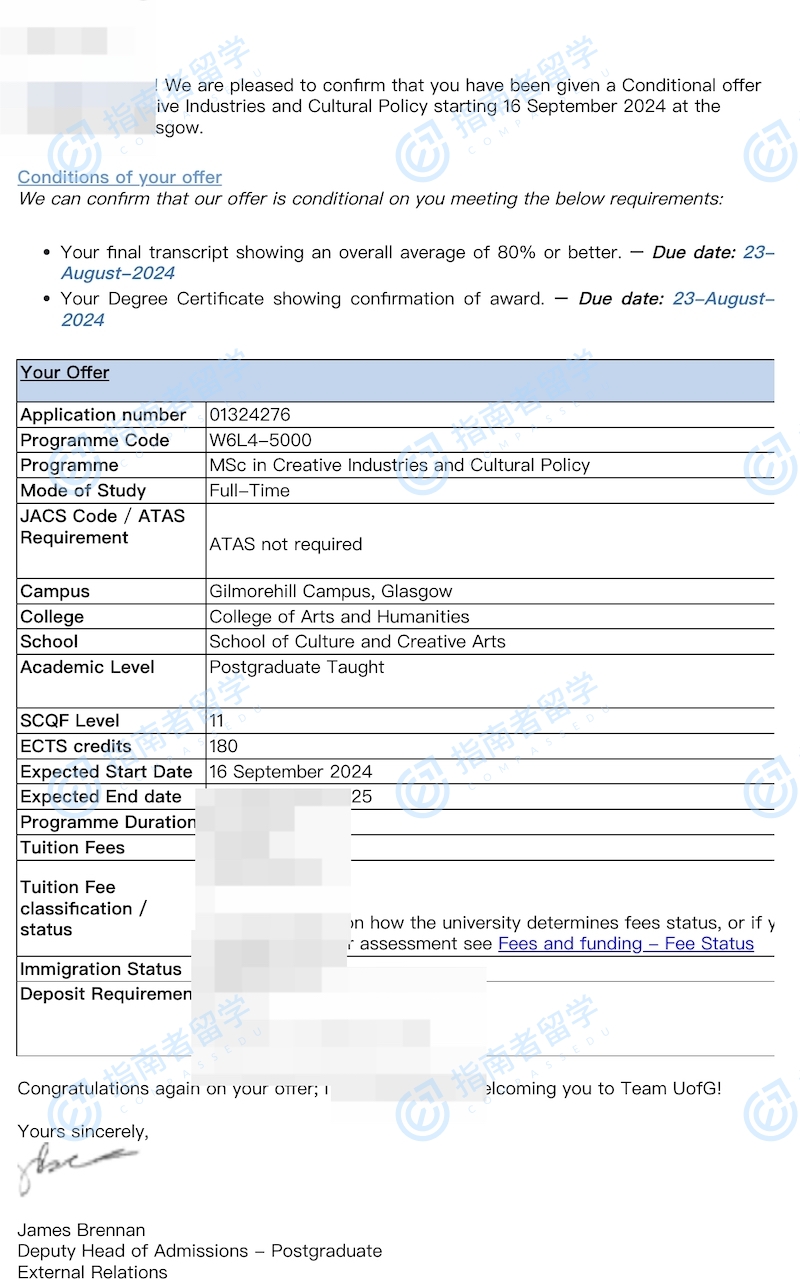格拉斯哥大学创意产业与文化政策理学硕士研究生offer一枚