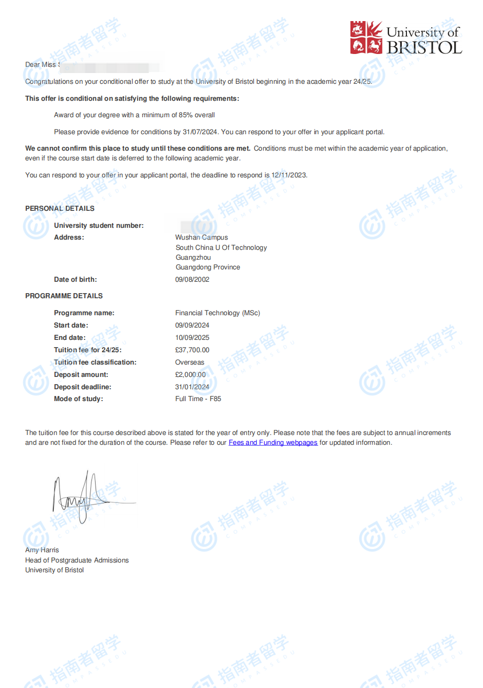 布里斯托大学金融科技理学硕士研究生offer一枚