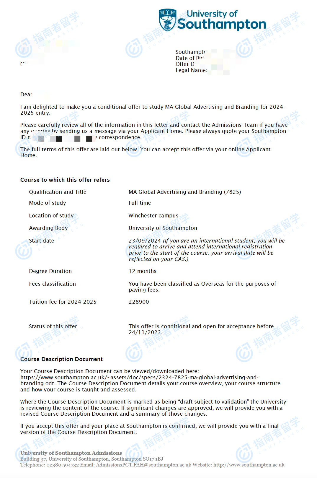 南安普顿大学全球广告学与品牌文学硕士研究生offer一枚