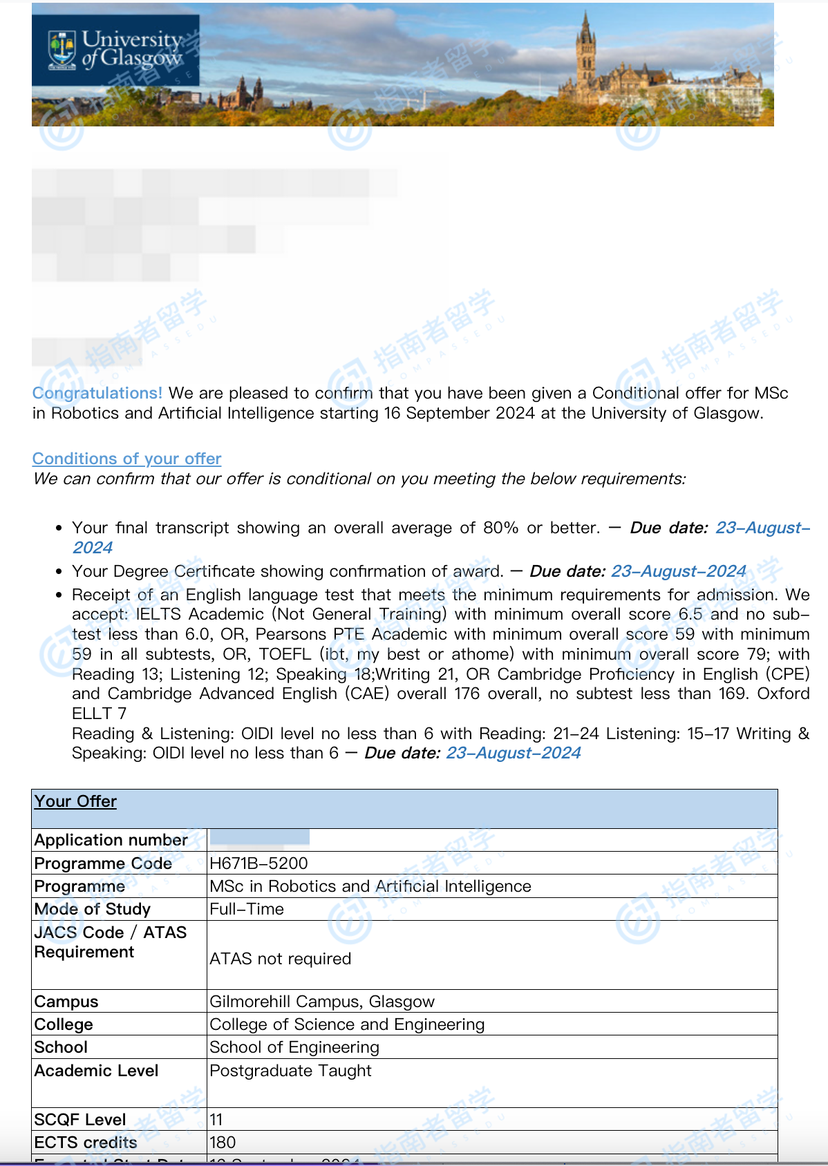 格拉斯哥大学机器人与人工智能理学硕士研究生offer一枚