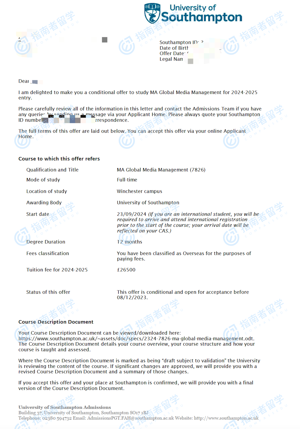 南安普顿大学全球传媒管理文学硕士研究生offer一枚