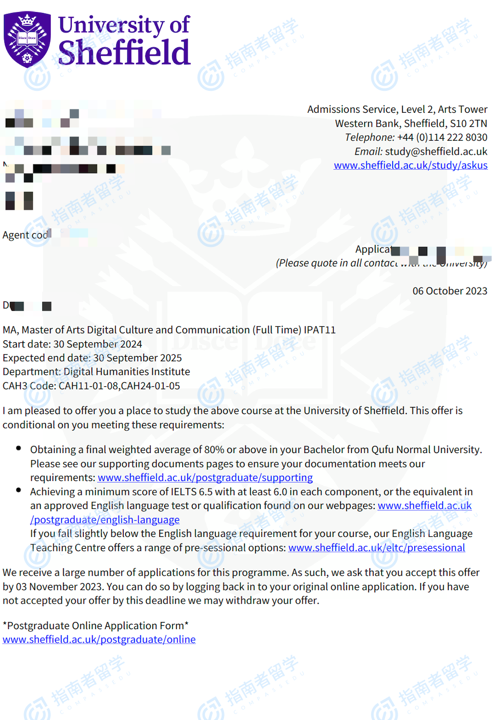 谢菲尔德大学数字文化与传播硕士研究生offer一枚