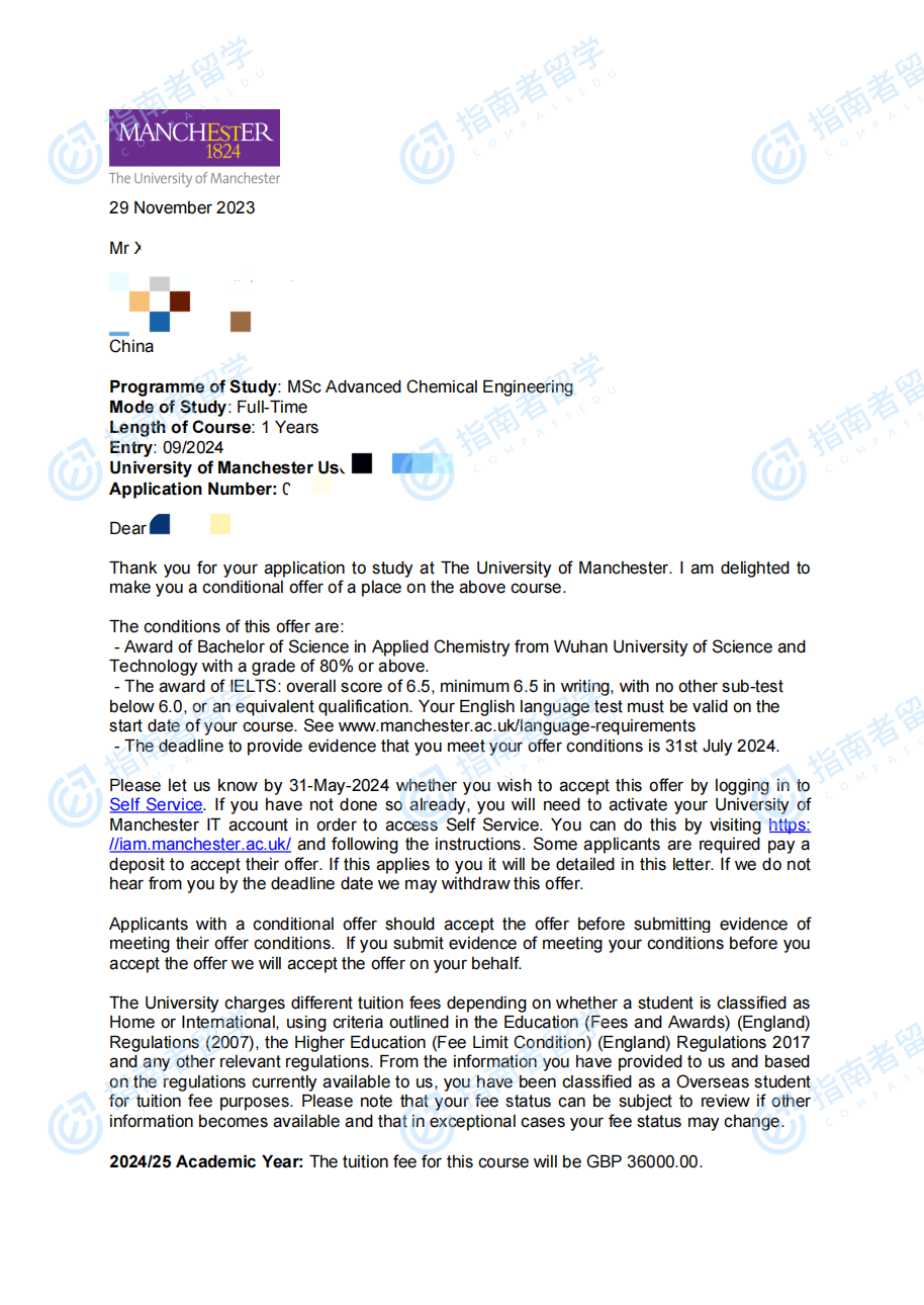 曼彻斯特大学高级化学工程理学硕士研究生offer一枚