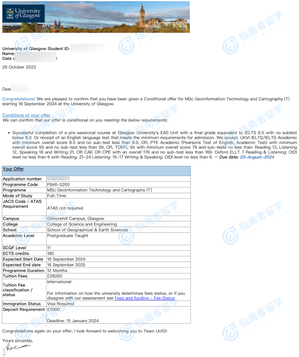 格拉斯哥大学地理信息技术与制图学理学硕士研究生offer一枚