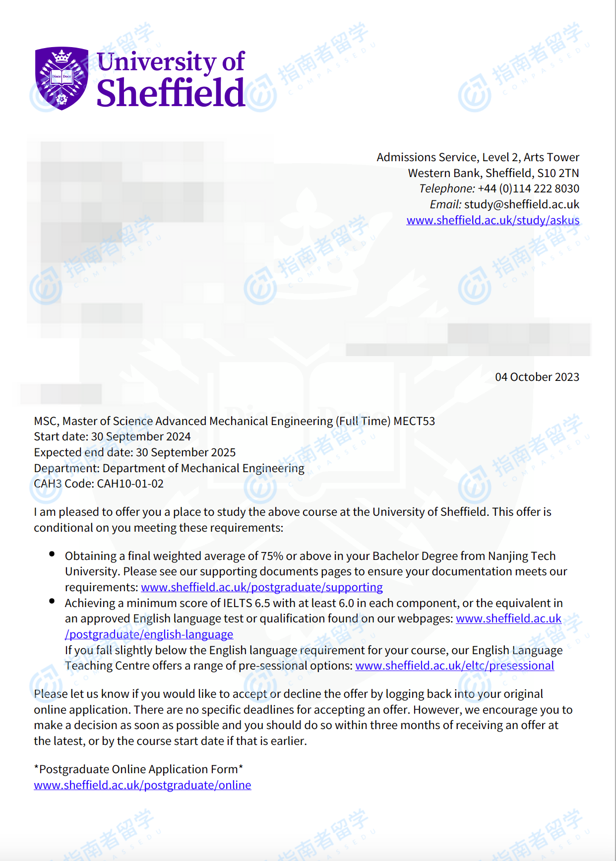 谢菲尔德大学高级机械工程理学硕士研究生offer一枚