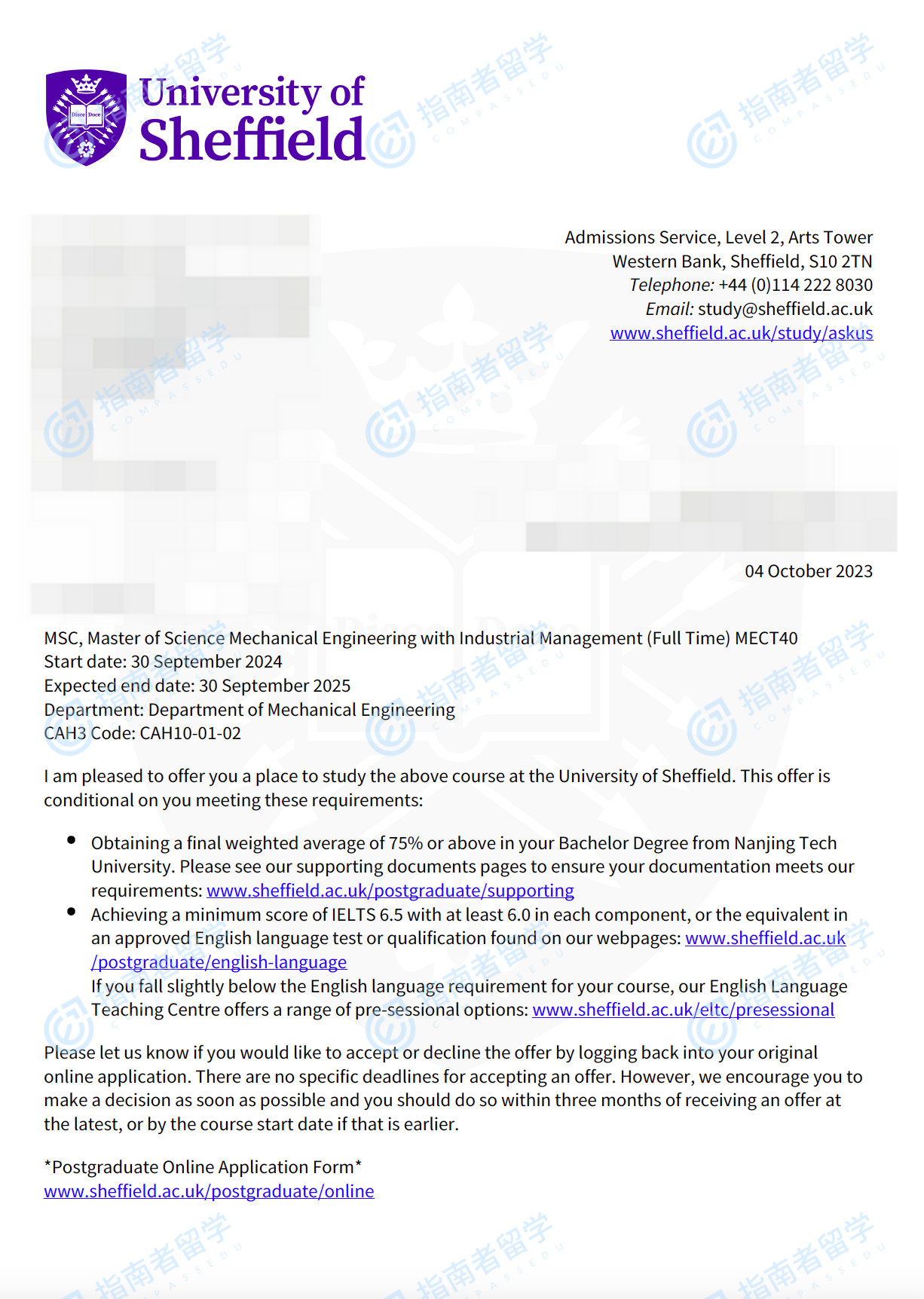 谢菲尔德大学机械工程与工业管理理学硕士研究生offer一枚