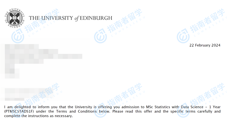 爱丁堡大学统计学与数据科学理学硕士研究生offer一枚